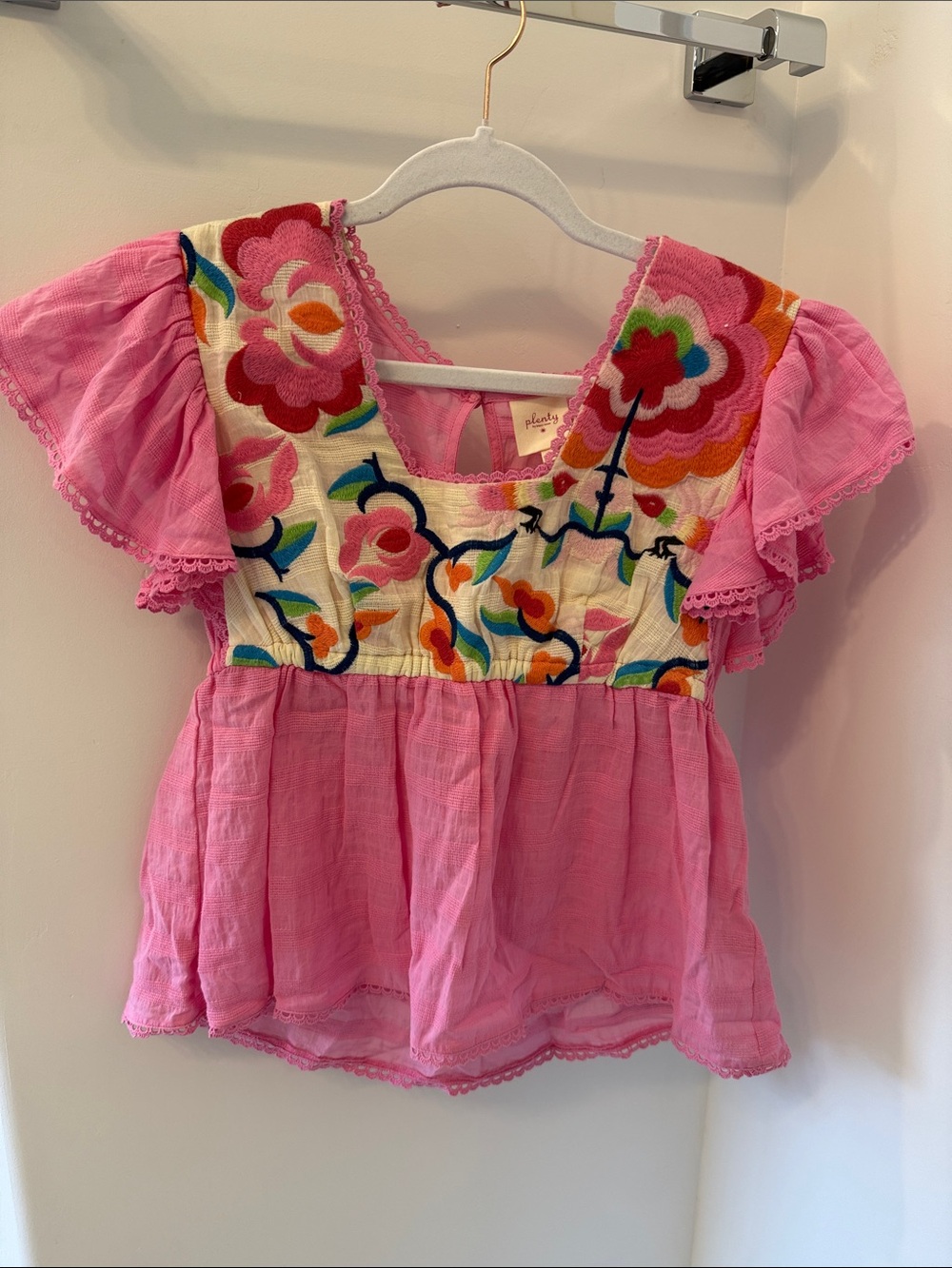 Anthropologie Pink Embroidered Flutter Sleeve Blouse